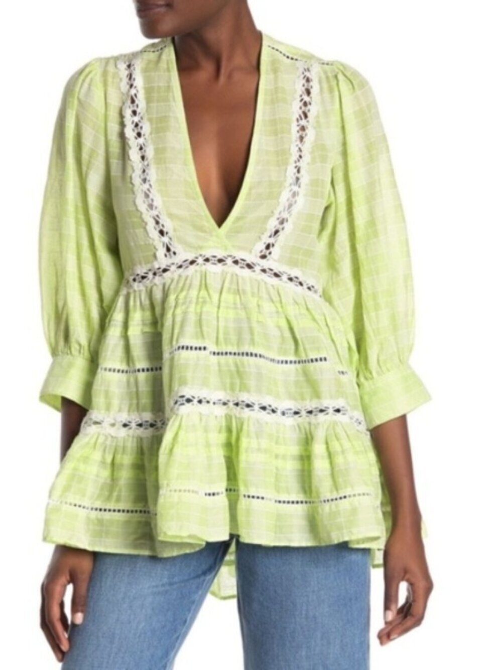 Free People Time Out Lace Tunic, Lime Combo, Size XS